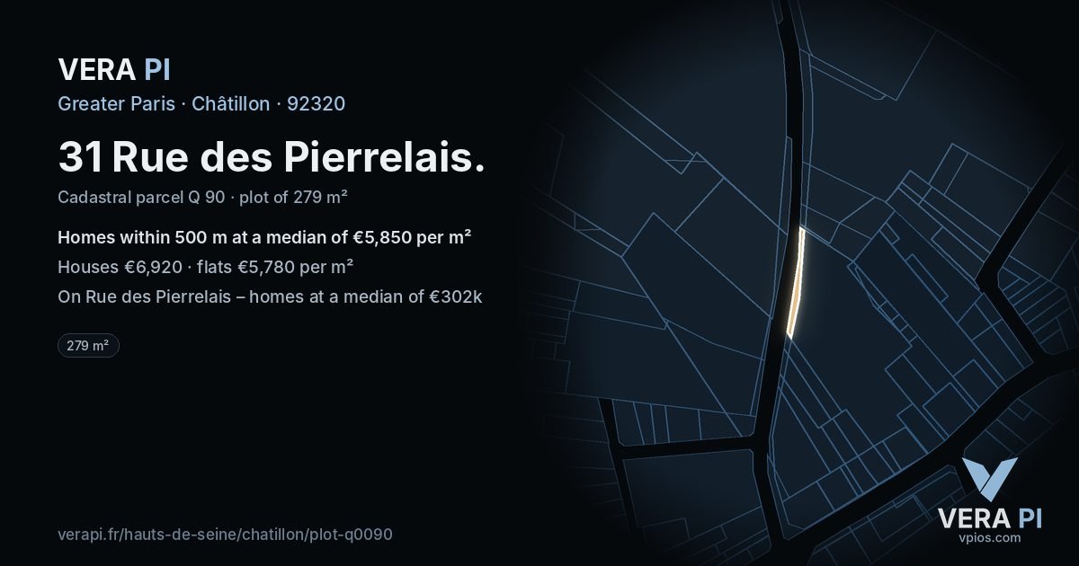 31 Rue des Pierrelais, Châtillon at night – the plot lit, the parcels around coloured by the prices near them