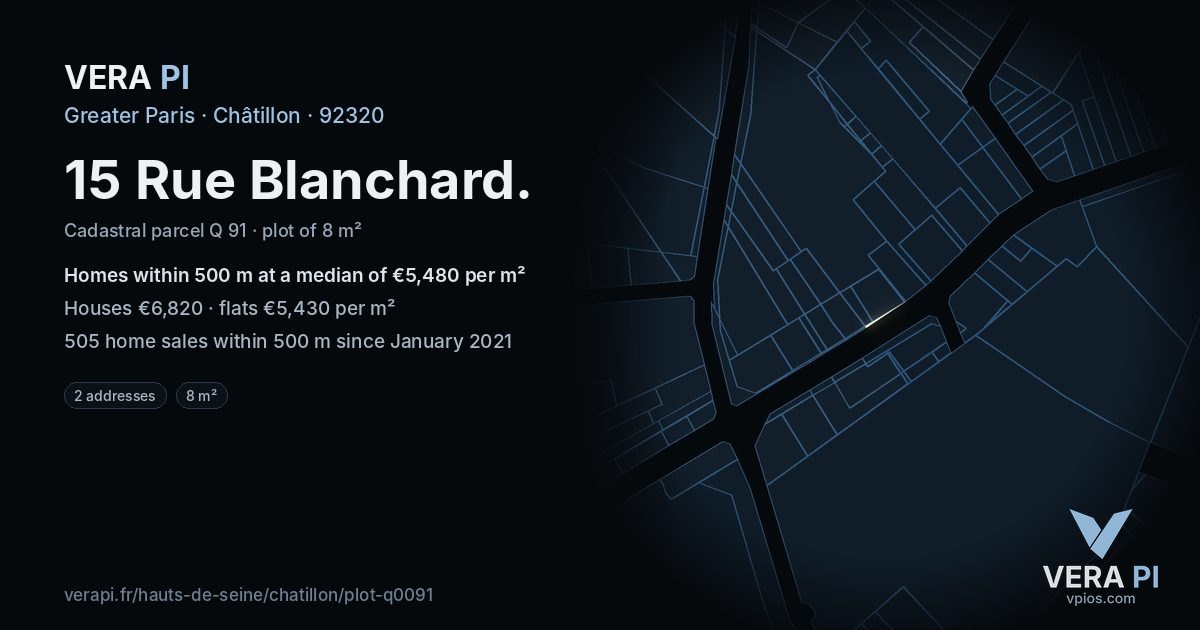 15 Rue Blanchard, Châtillon at night – the plot lit, the parcels around coloured by the prices near them