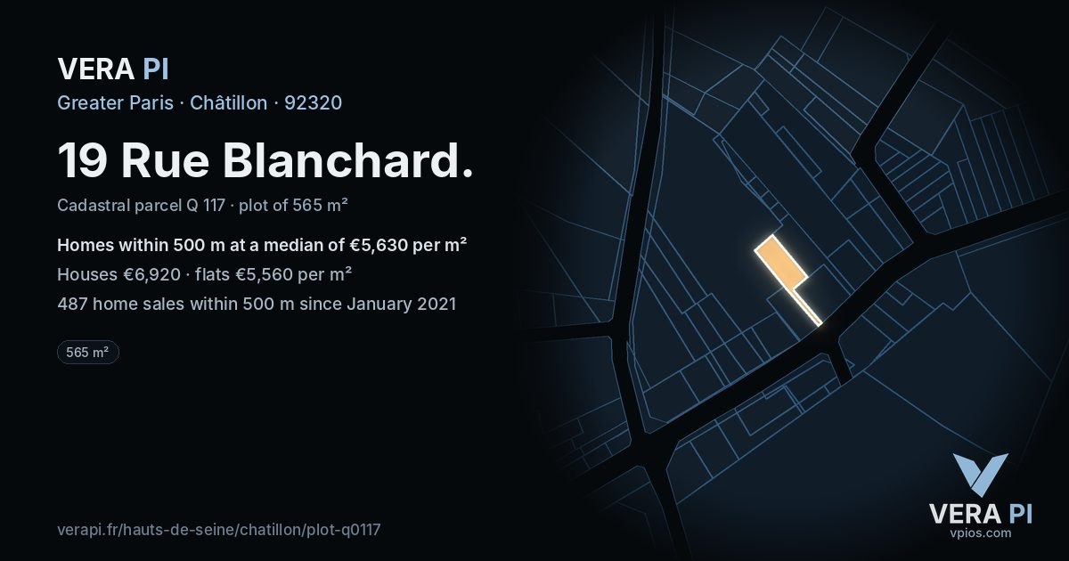19 Rue Blanchard, Châtillon at night – the plot lit, the parcels around coloured by the prices near them