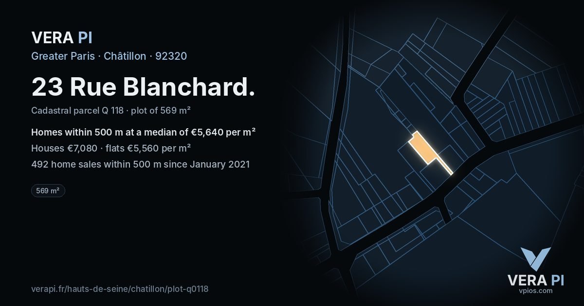 23 Rue Blanchard, Châtillon at night – the plot lit, the parcels around coloured by the prices near them