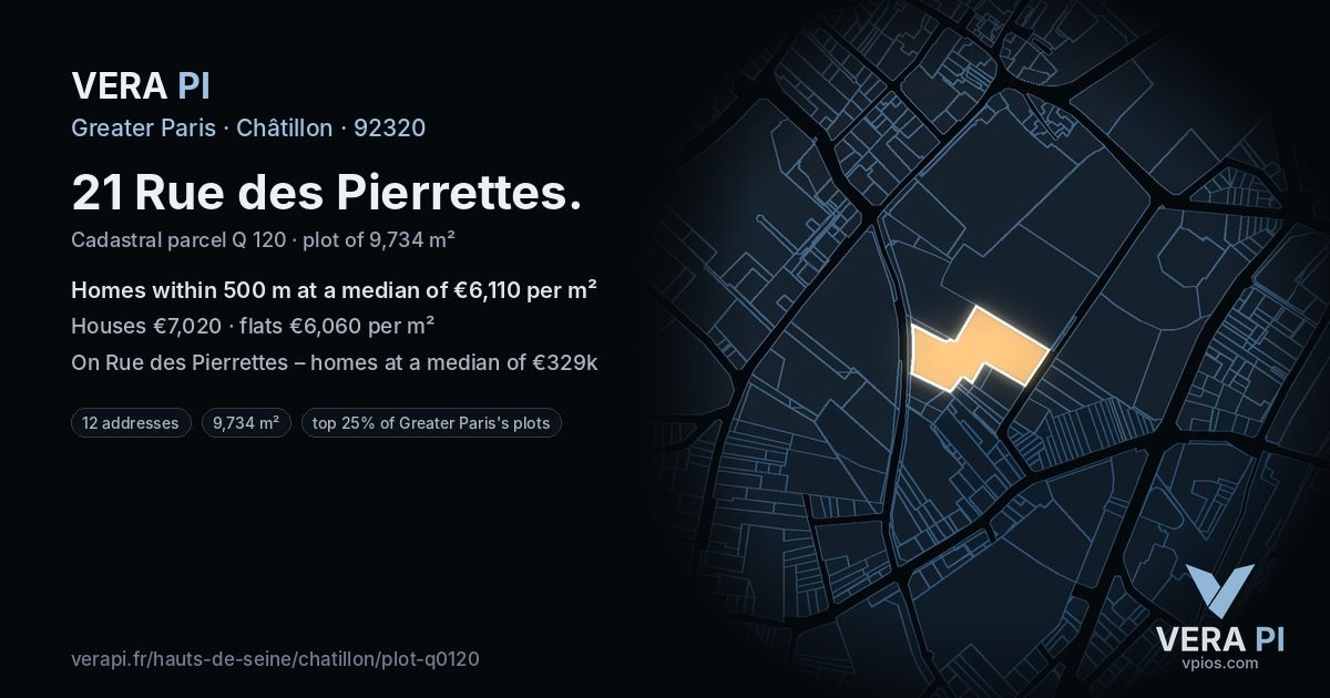 21 Rue des Pierrettes, Châtillon at night – the plot lit, the parcels around coloured by the prices near them