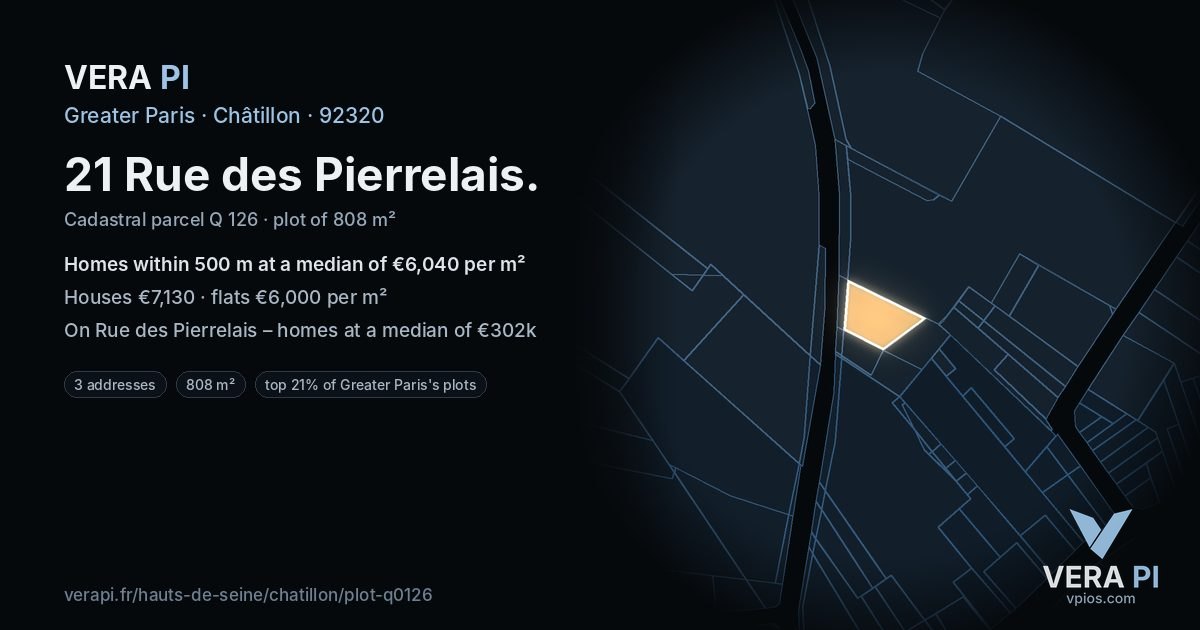 21 Rue des Pierrelais, Châtillon at night – the plot lit, the parcels around coloured by the prices near them
