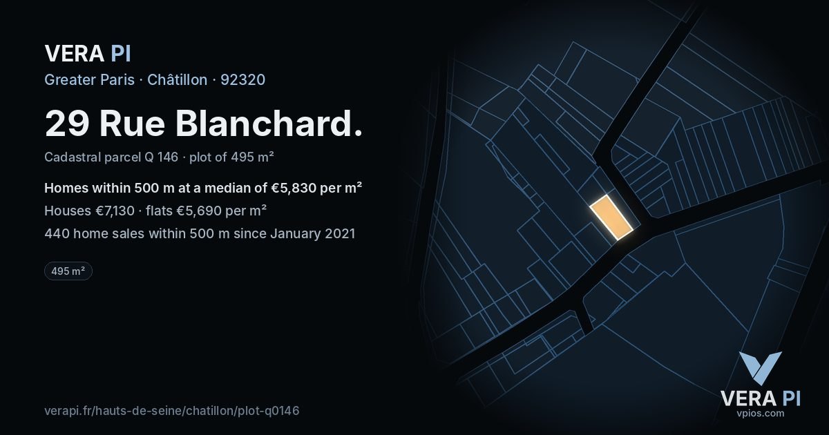 29 Rue Blanchard, Châtillon at night – the plot lit, the parcels around coloured by the prices near them