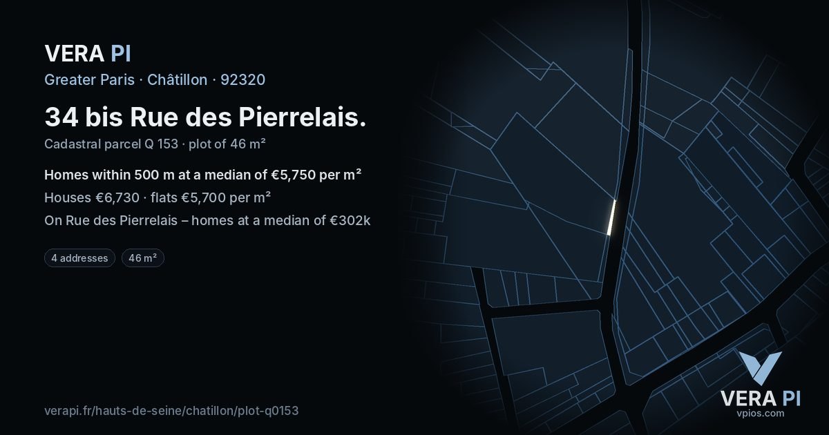 34 bis Rue des Pierrelais, Châtillon at night – the plot lit, the parcels around coloured by the prices near them