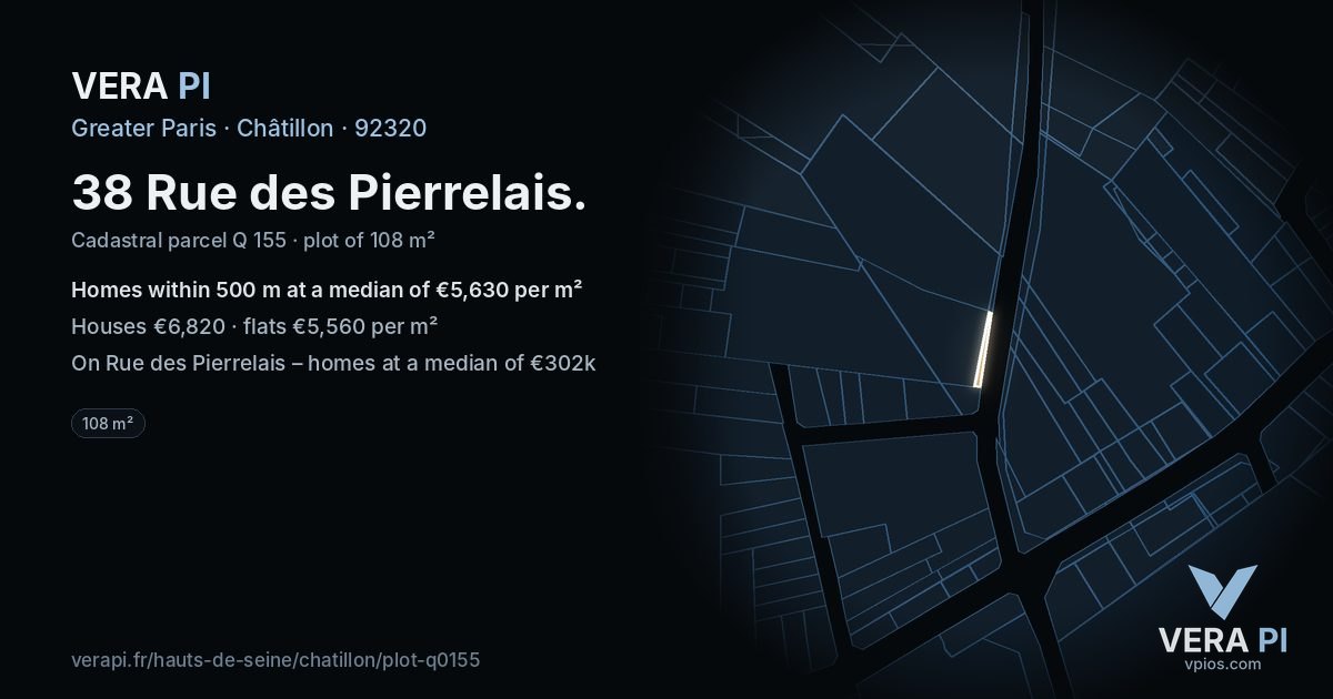 38 Rue des Pierrelais, Châtillon at night – the plot lit, the parcels around coloured by the prices near them