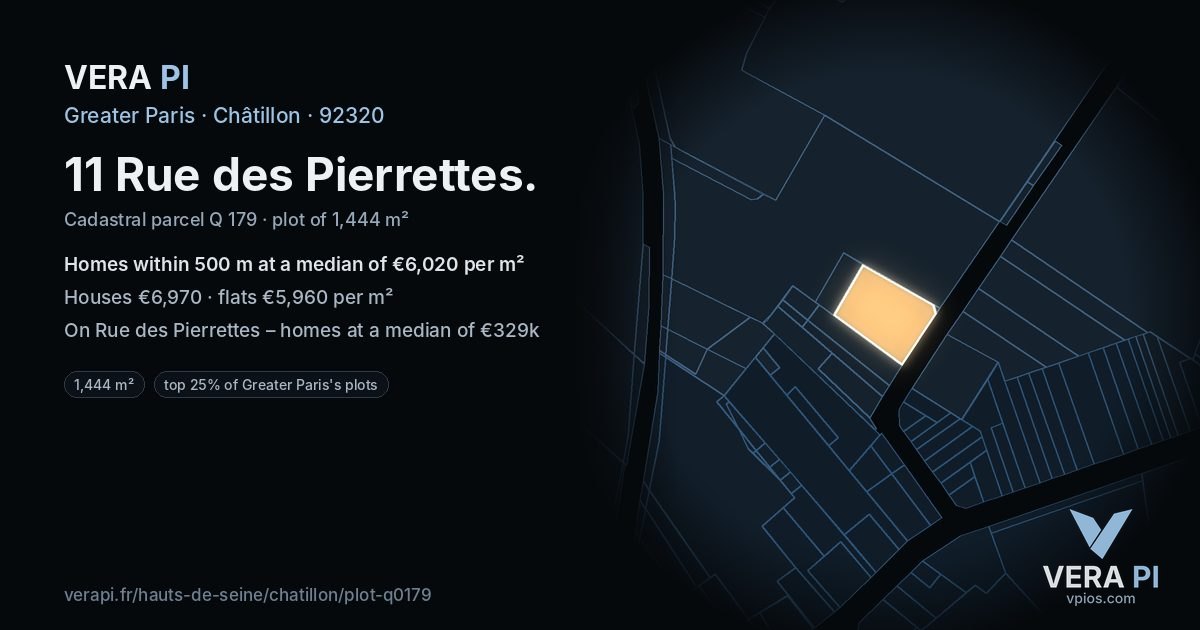 11 Rue des Pierrettes, Châtillon at night – the plot lit, the parcels around coloured by the prices near them