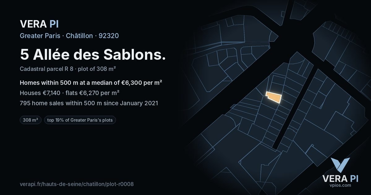5 Allée des Sablons, Châtillon at night – the plot lit, the parcels around coloured by the prices near them