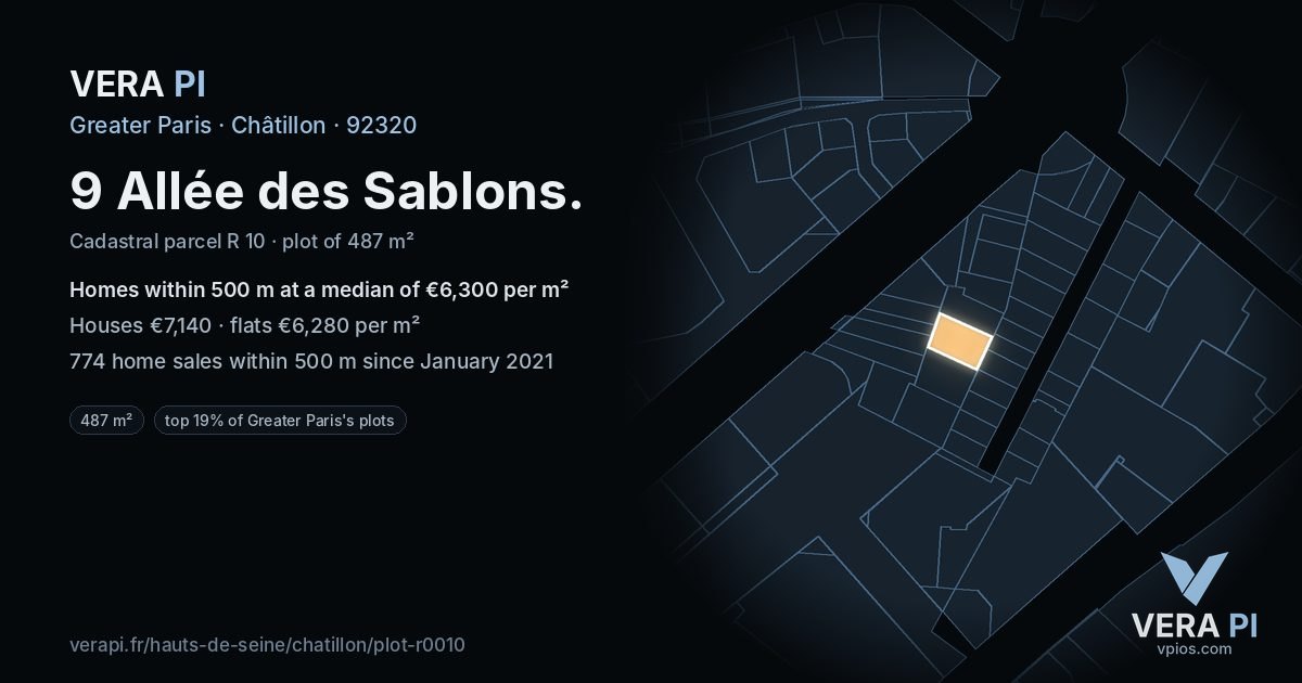 9 Allée des Sablons, Châtillon at night – the plot lit, the parcels around coloured by the prices near them