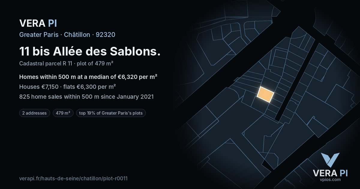 11 bis Allée des Sablons, Châtillon at night – the plot lit, the parcels around coloured by the prices near them