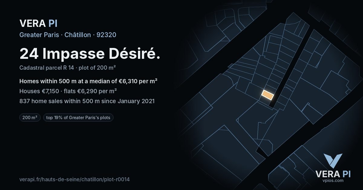24 Impasse Désiré, Châtillon at night – the plot lit, the parcels around coloured by the prices near them