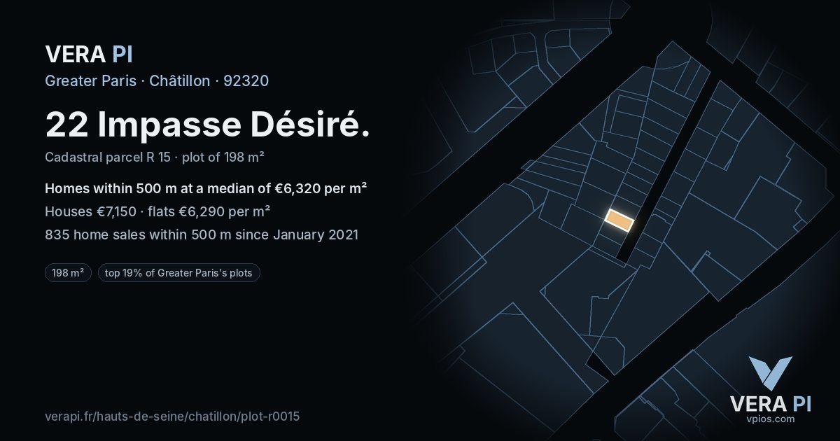 22 Impasse Désiré, Châtillon at night – the plot lit, the parcels around coloured by the prices near them