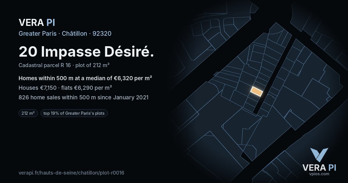 20 Impasse Désiré, Châtillon at night – the plot lit, the parcels around coloured by the prices near them