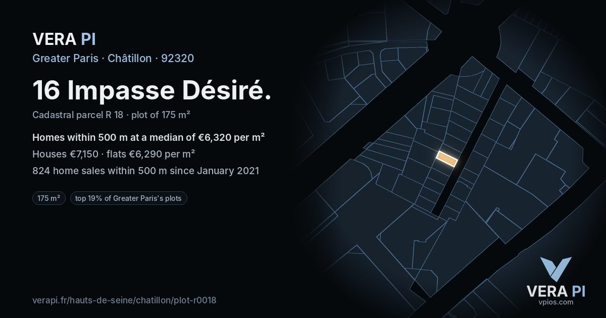 16 Impasse Désiré, Châtillon at night – the plot lit, the parcels around coloured by the prices near them