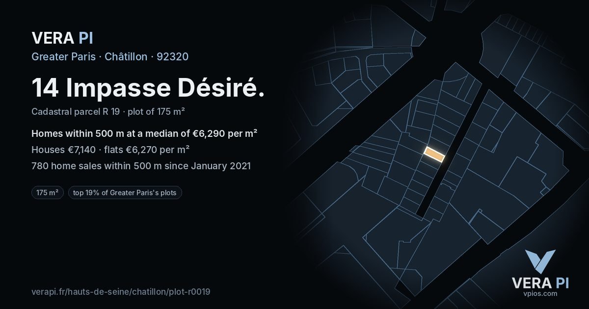 14 Impasse Désiré, Châtillon at night – the plot lit, the parcels around coloured by the prices near them