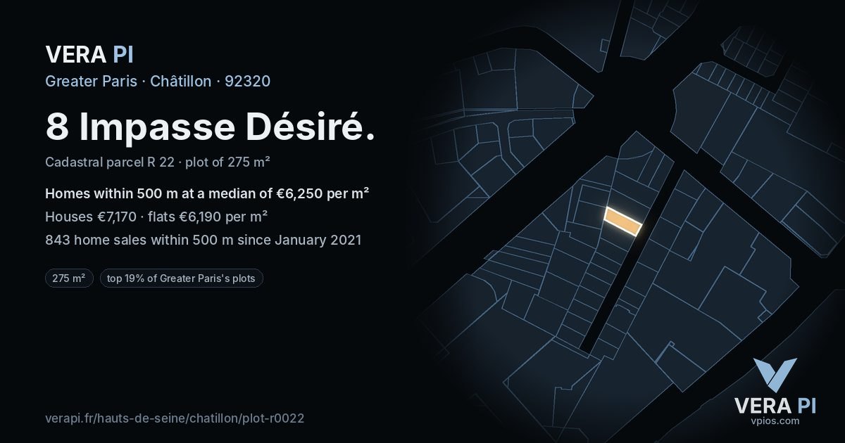 8 Impasse Désiré, Châtillon at night – the plot lit, the parcels around coloured by the prices near them