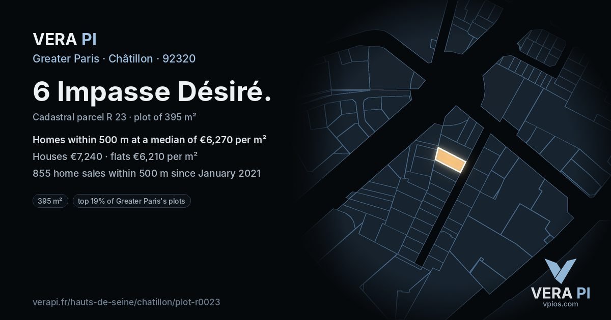 6 Impasse Désiré, Châtillon at night – the plot lit, the parcels around coloured by the prices near them
