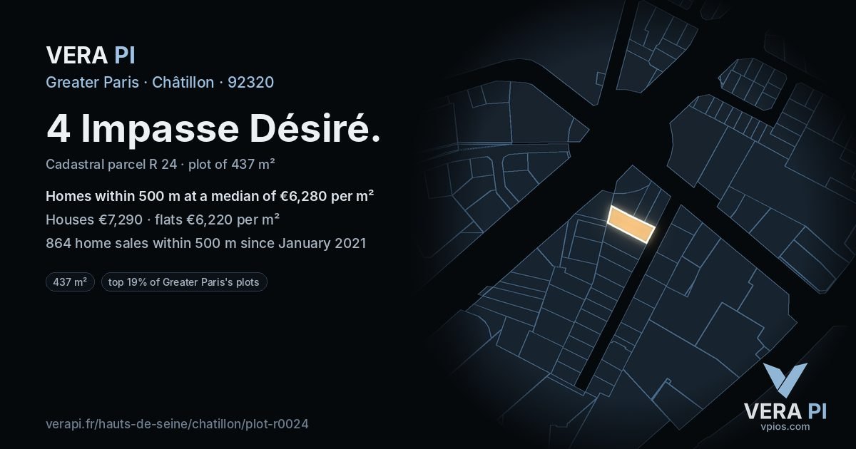 4 Impasse Désiré, Châtillon at night – the plot lit, the parcels around coloured by the prices near them