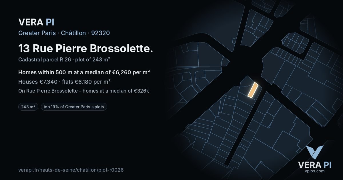 13 Rue Pierre Brossolette, Châtillon at night – the plot lit, the parcels around coloured by the prices near them