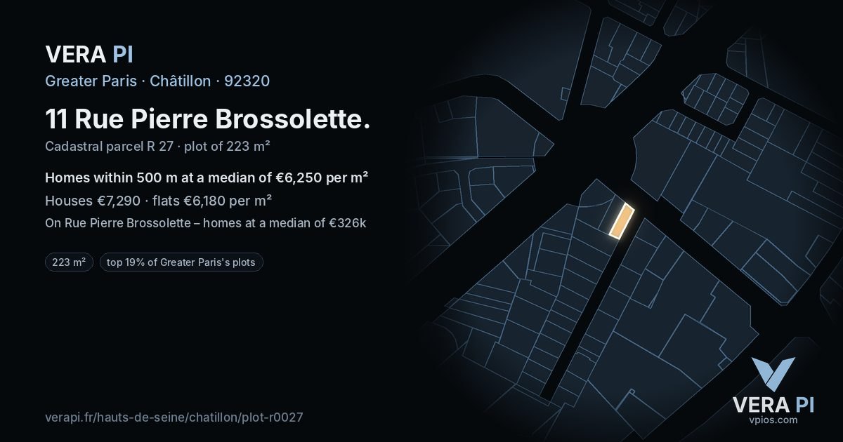11 Rue Pierre Brossolette, Châtillon at night – the plot lit, the parcels around coloured by the prices near them