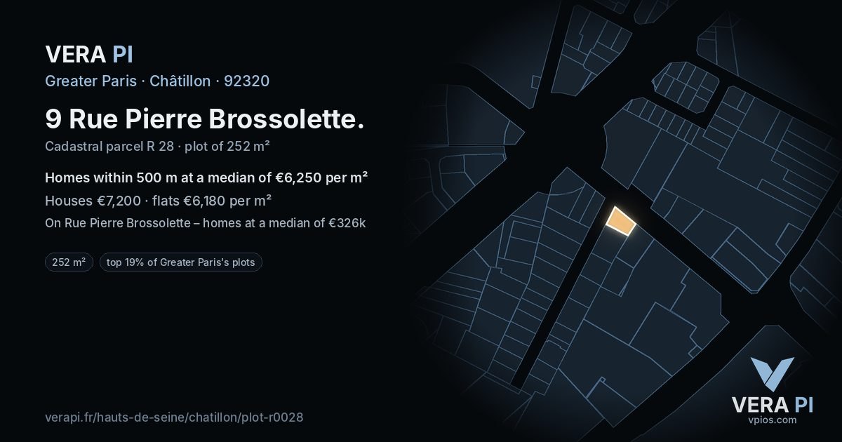 9 Rue Pierre Brossolette, Châtillon at night – the plot lit, the parcels around coloured by the prices near them