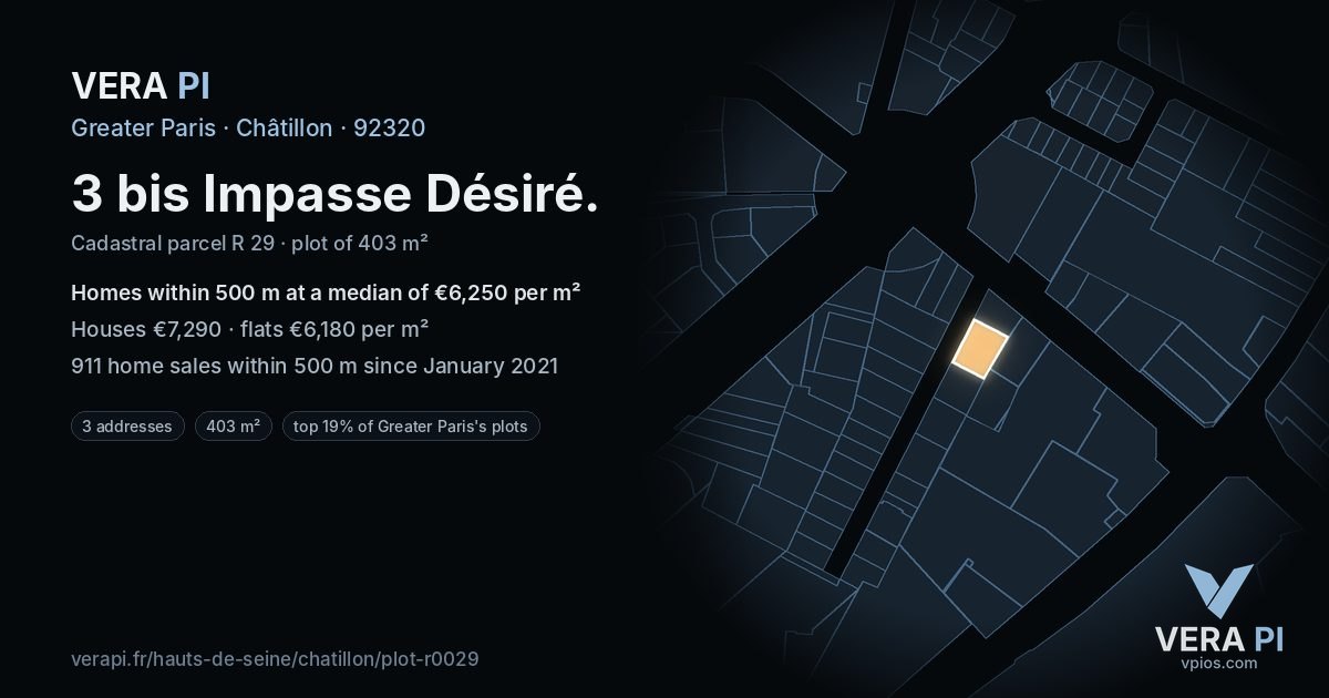 3 bis Impasse Désiré, Châtillon at night – the plot lit, the parcels around coloured by the prices near them