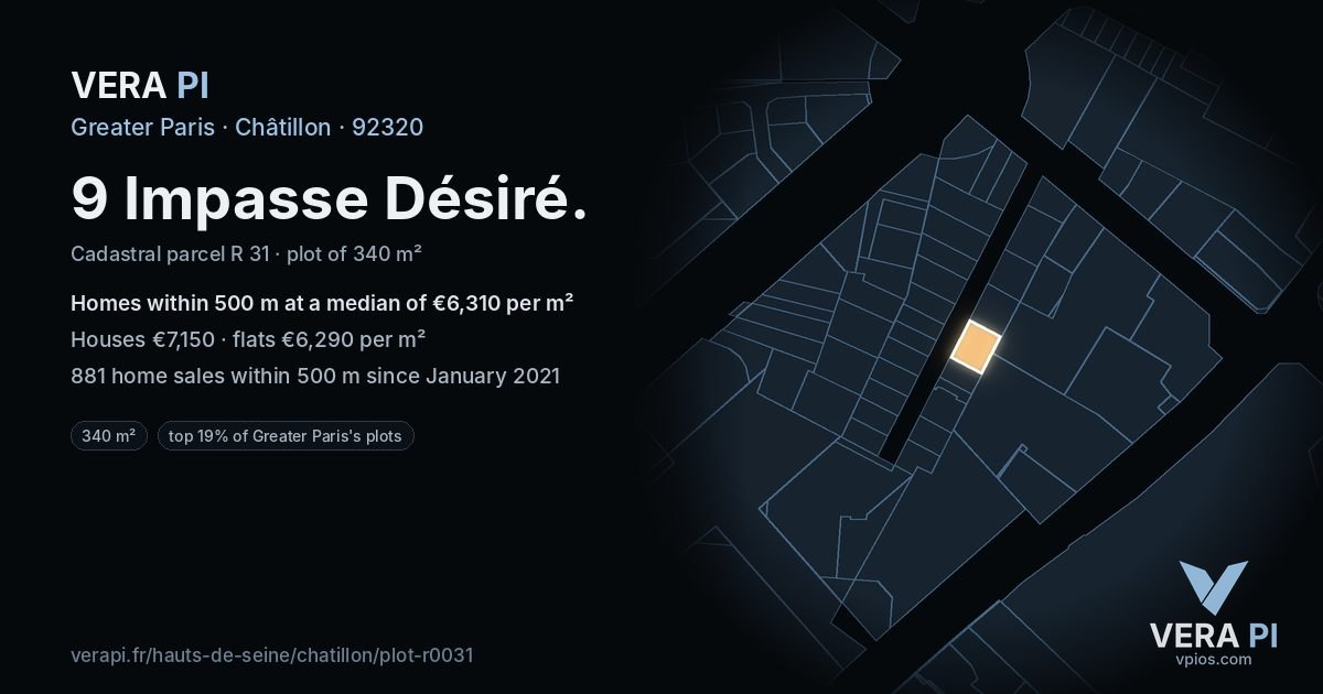 9 Impasse Désiré, Châtillon at night – the plot lit, the parcels around coloured by the prices near them