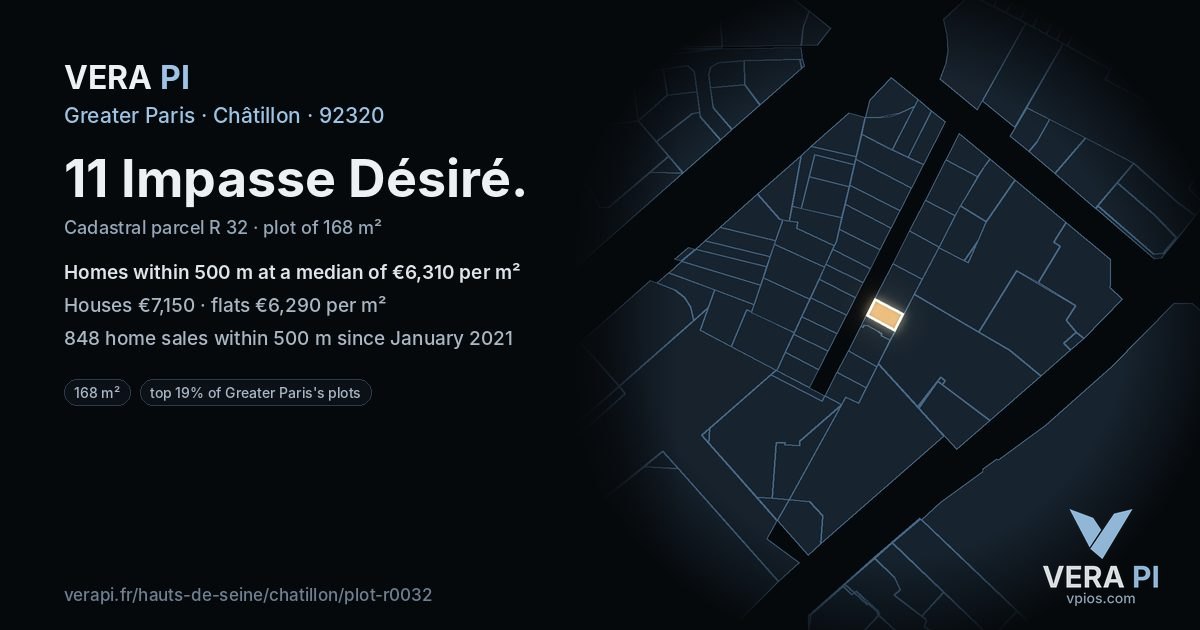 11 Impasse Désiré, Châtillon at night – the plot lit, the parcels around coloured by the prices near them