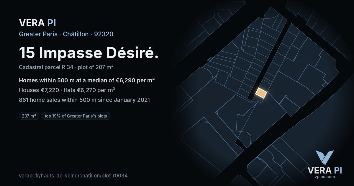 15 Impasse Désiré, Châtillon at night – the plot lit, the parcels around coloured by the prices near them