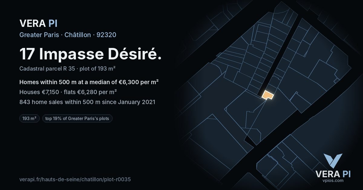 17 Impasse Désiré, Châtillon at night – the plot lit, the parcels around coloured by the prices near them