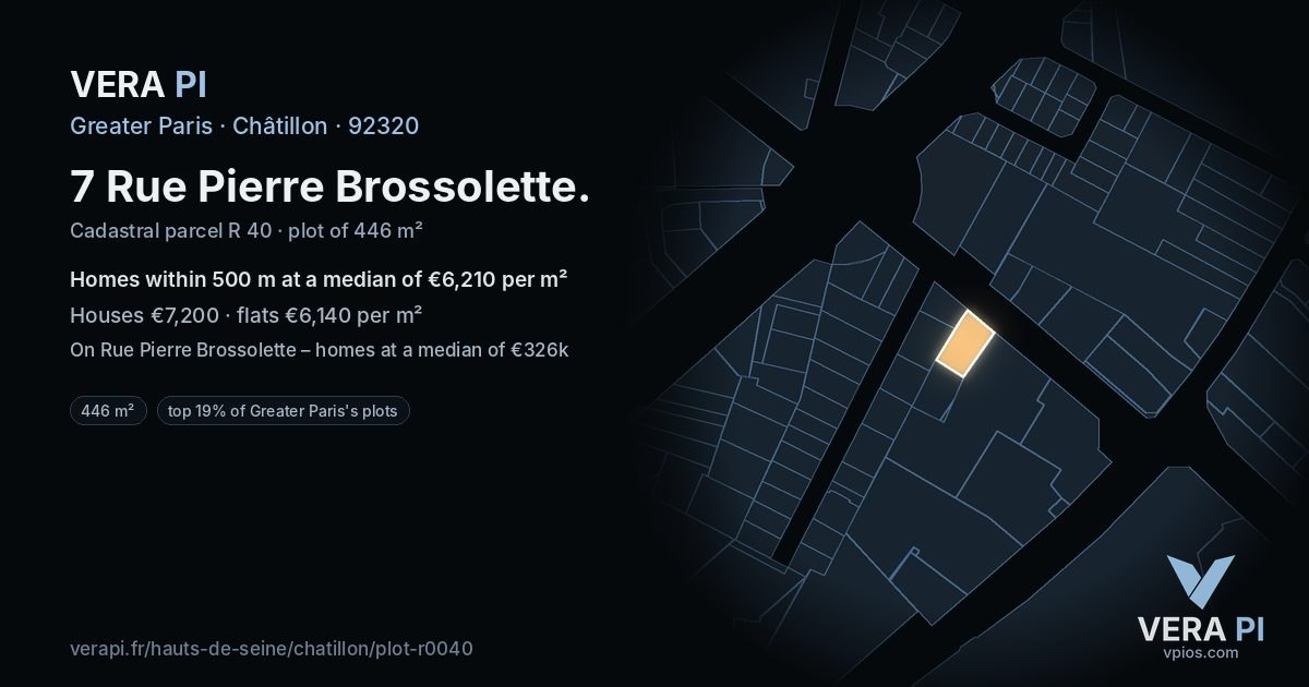 7 Rue Pierre Brossolette, Châtillon at night – the plot lit, the parcels around coloured by the prices near them
