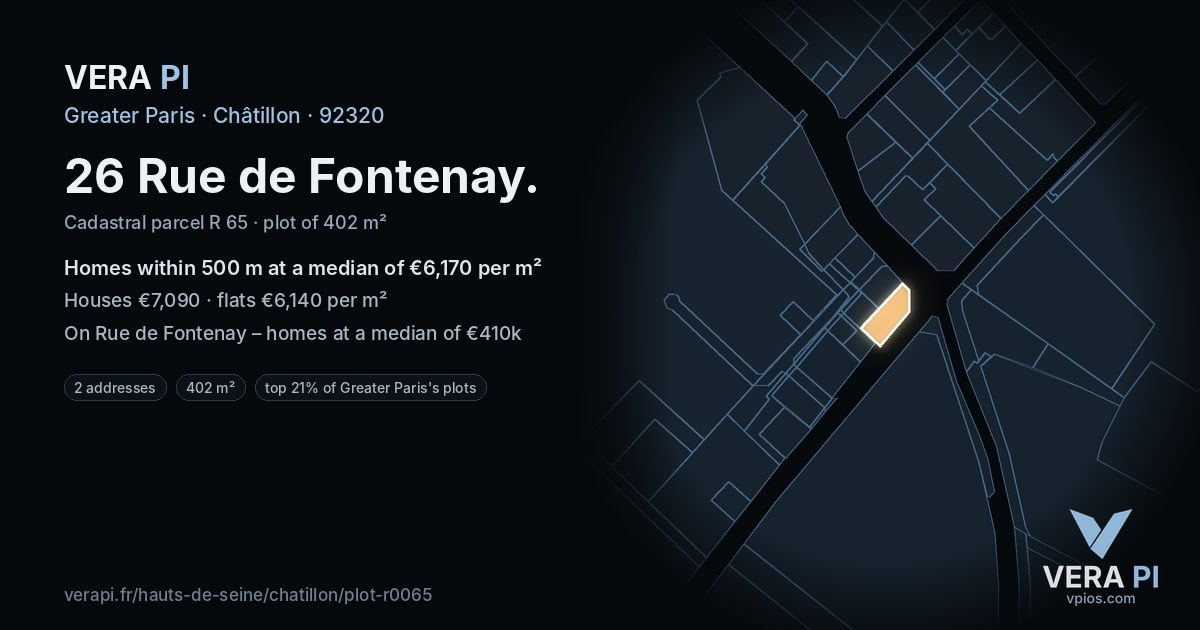 26 Rue de Fontenay, Châtillon at night – the plot lit, the parcels around coloured by the prices near them