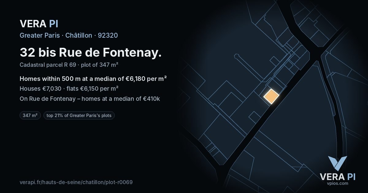 32 bis Rue de Fontenay, Châtillon at night – the plot lit, the parcels around coloured by the prices near them