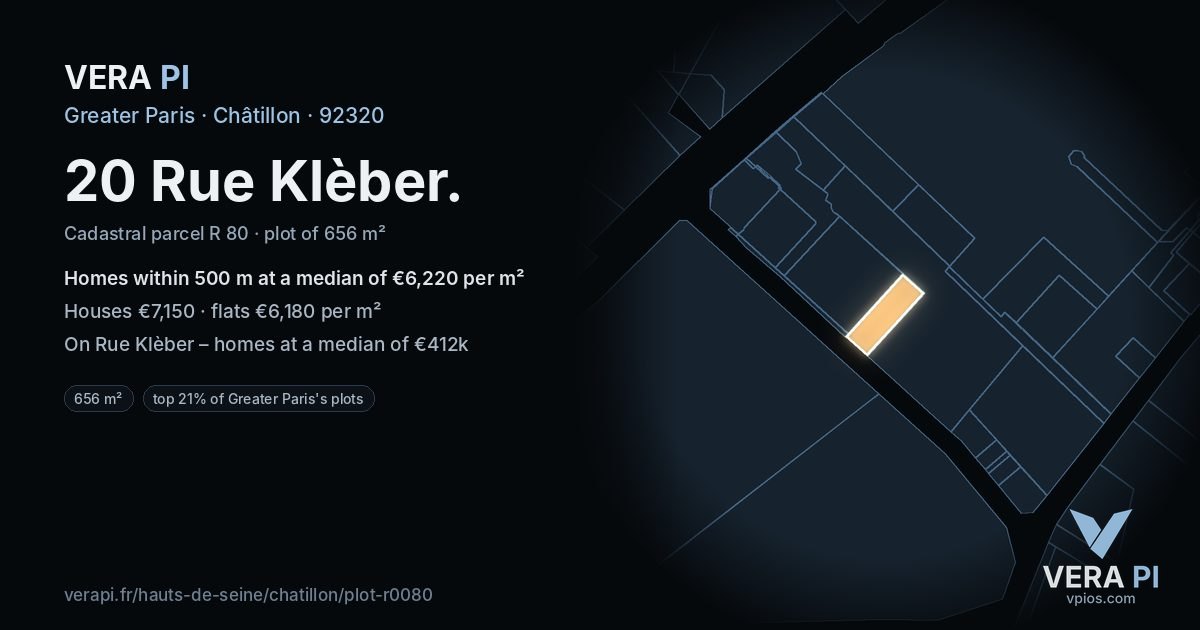20 Rue Klèber, Châtillon at night – the plot lit, the parcels around coloured by the prices near them