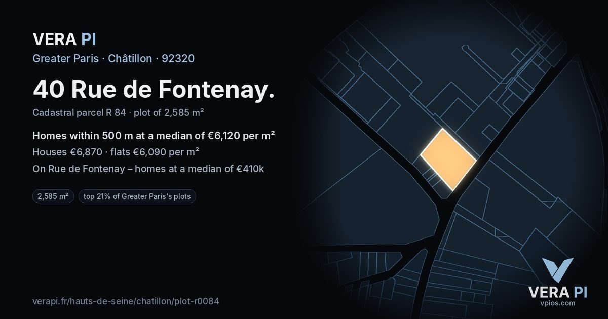40 Rue de Fontenay, Châtillon at night – the plot lit, the parcels around coloured by the prices near them
