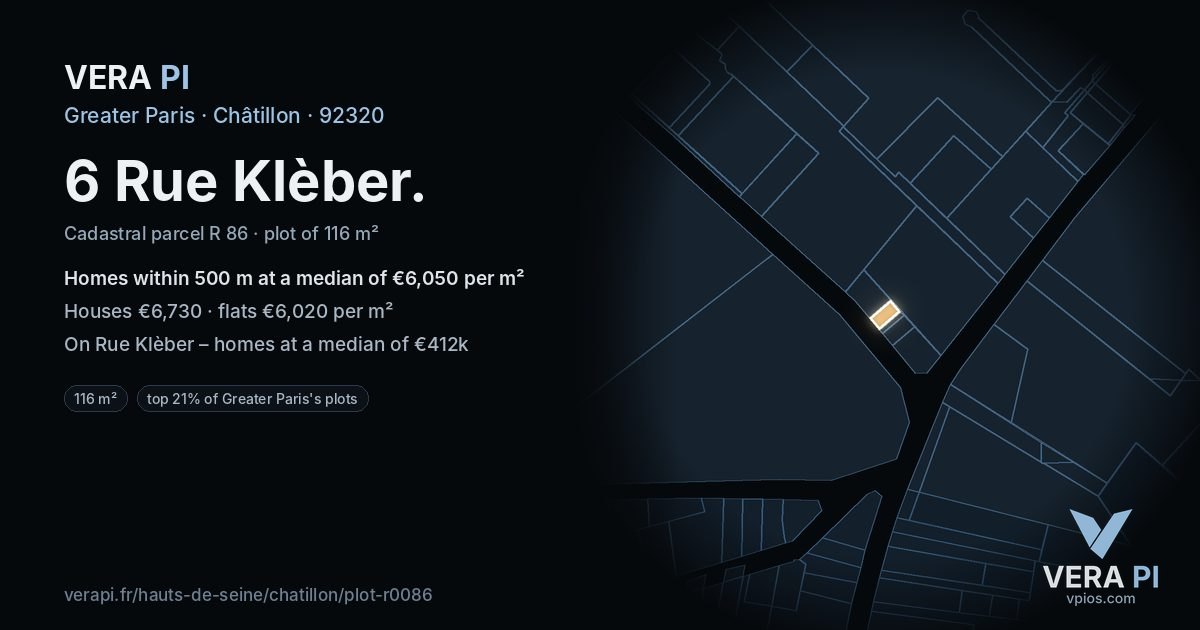 6 Rue Klèber, Châtillon at night – the plot lit, the parcels around coloured by the prices near them