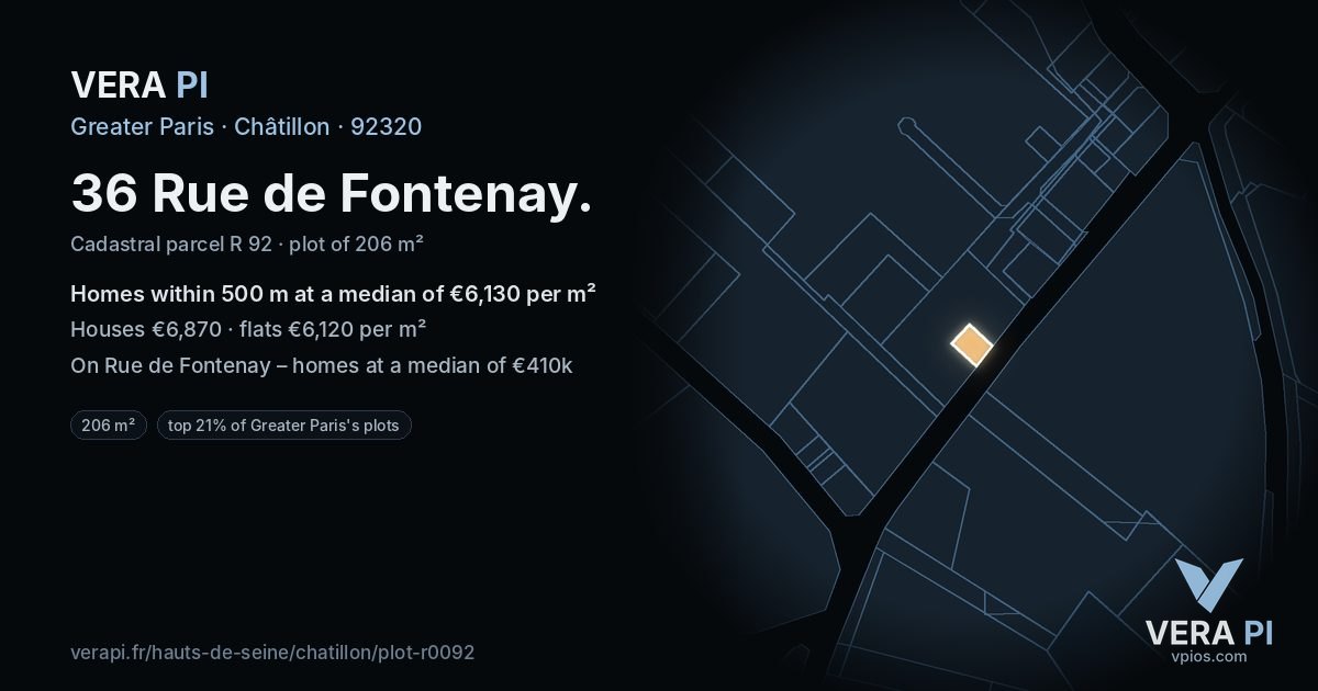 36 Rue de Fontenay, Châtillon at night – the plot lit, the parcels around coloured by the prices near them