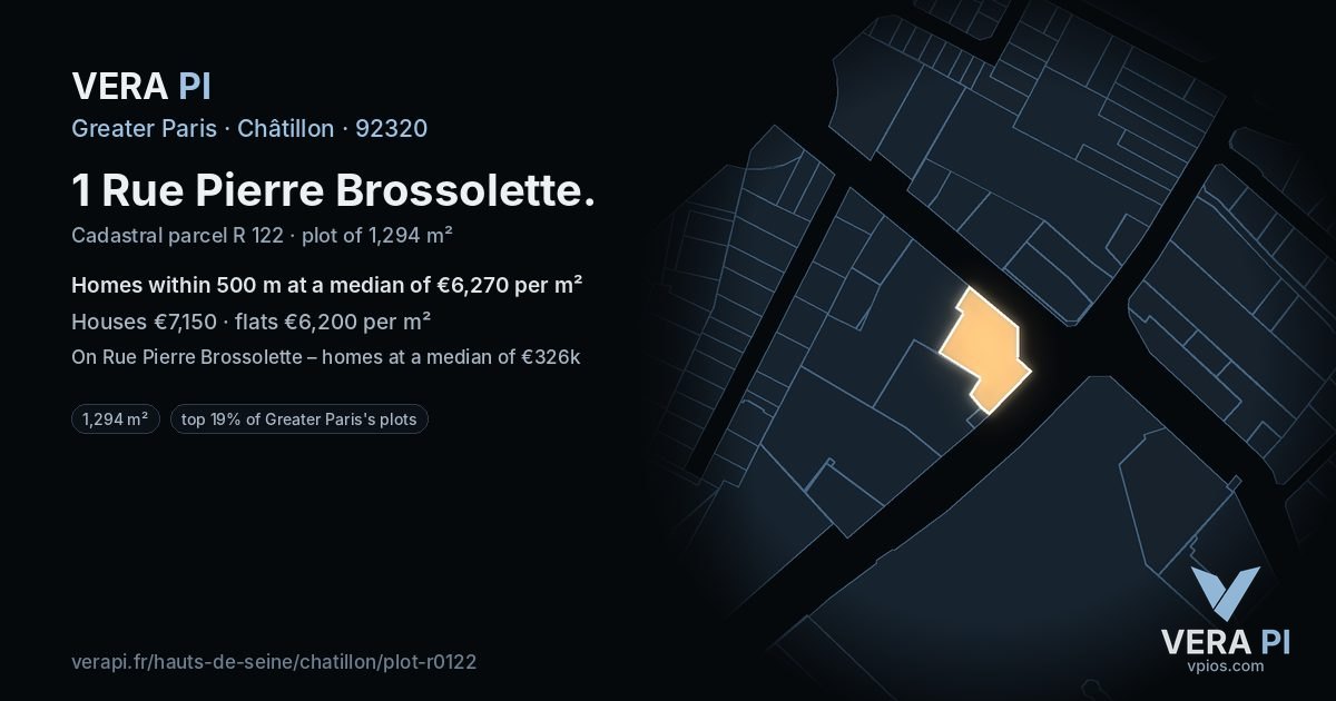 1 Rue Pierre Brossolette, Châtillon at night – the plot lit, the parcels around coloured by the prices near them