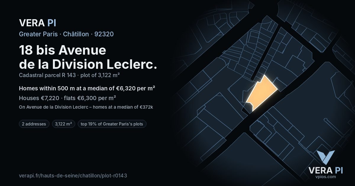 18 bis Avenue de la Division Leclerc, Châtillon at night – the plot lit, the parcels around coloured by the prices near them