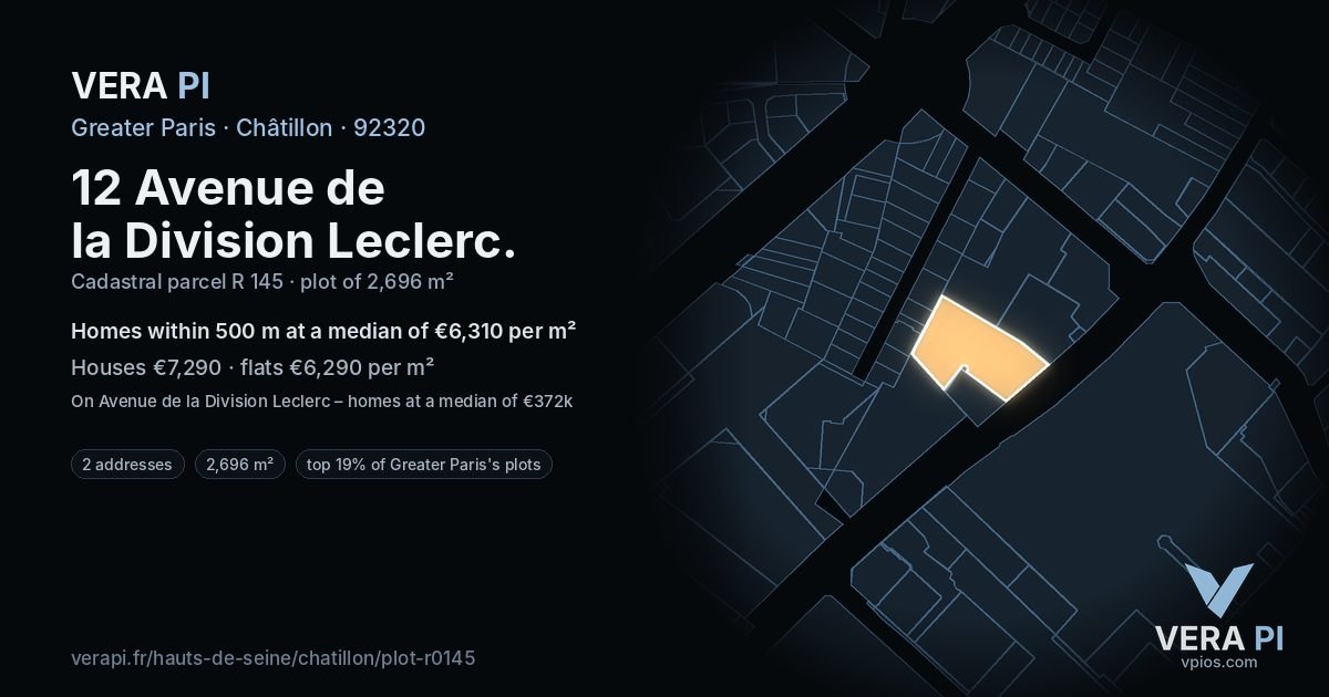 12 Avenue de la Division Leclerc, Châtillon at night – the plot lit, the parcels around coloured by the prices near them
