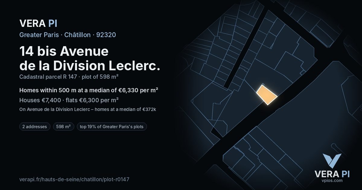 14 bis Avenue de la Division Leclerc, Châtillon at night – the plot lit, the parcels around coloured by the prices near them