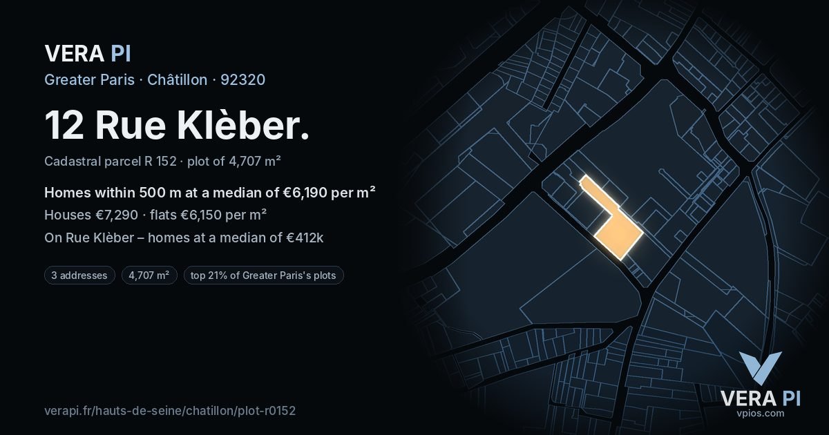 12 Rue Klèber, Châtillon at night – the plot lit, the parcels around coloured by the prices near them