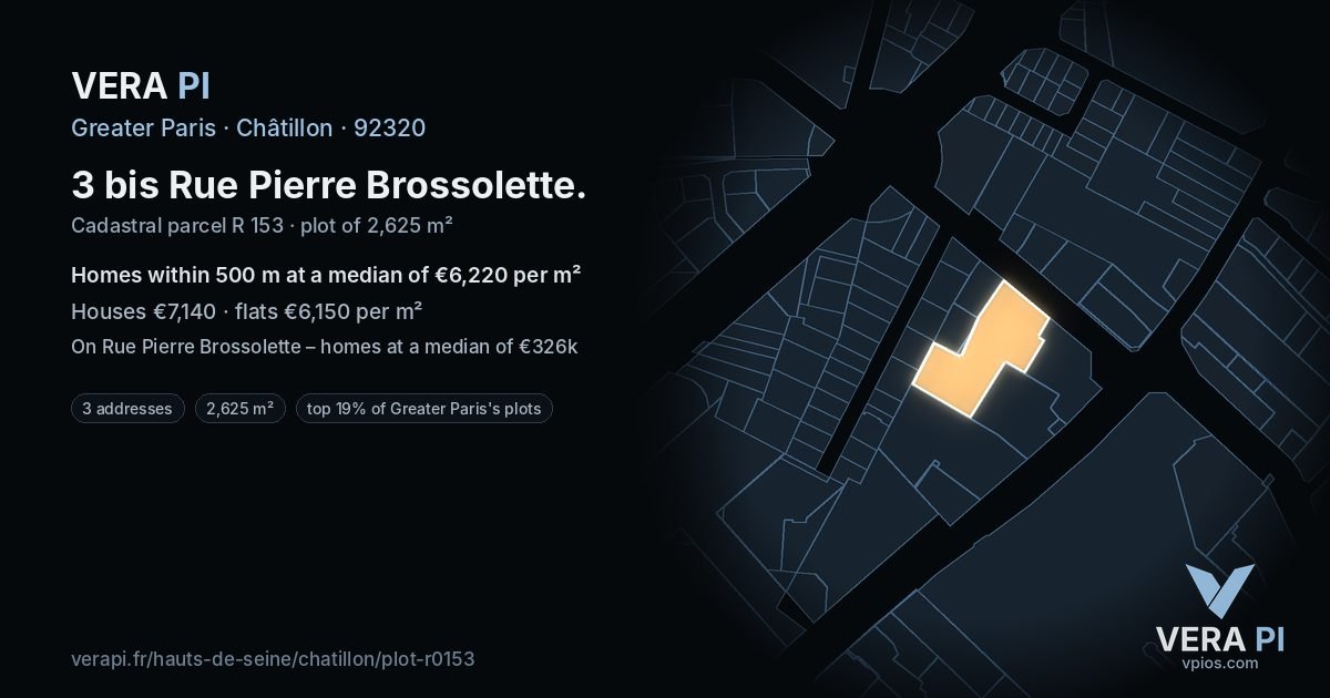 3 bis Rue Pierre Brossolette, Châtillon at night – the plot lit, the parcels around coloured by the prices near them