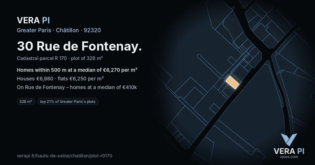 30 Rue de Fontenay, Châtillon at night – the plot lit, the parcels around coloured by the prices near them