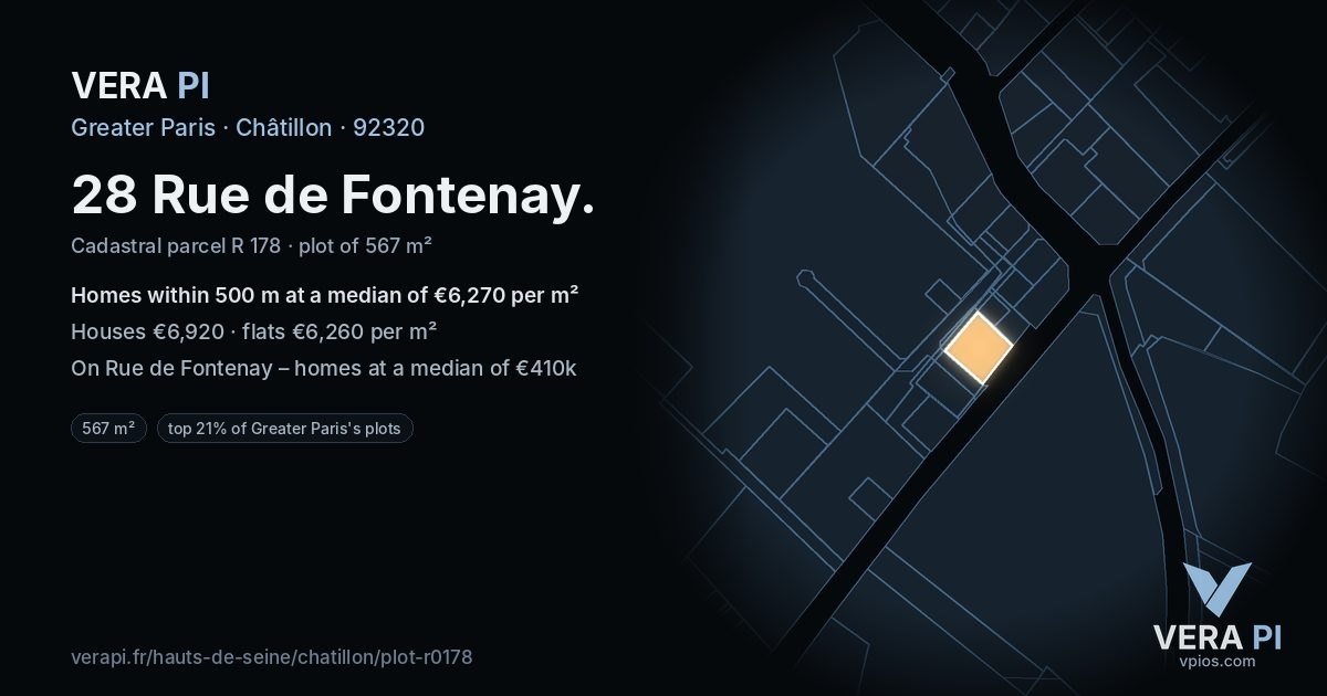 28 Rue de Fontenay, Châtillon at night – the plot lit, the parcels around coloured by the prices near them