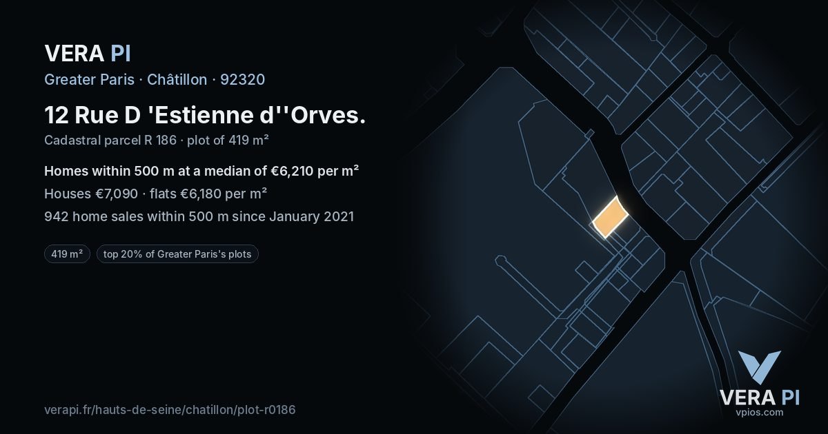 12 Rue D 'Estienne d''Orves, Châtillon at night – the plot lit, the parcels around coloured by the prices near them