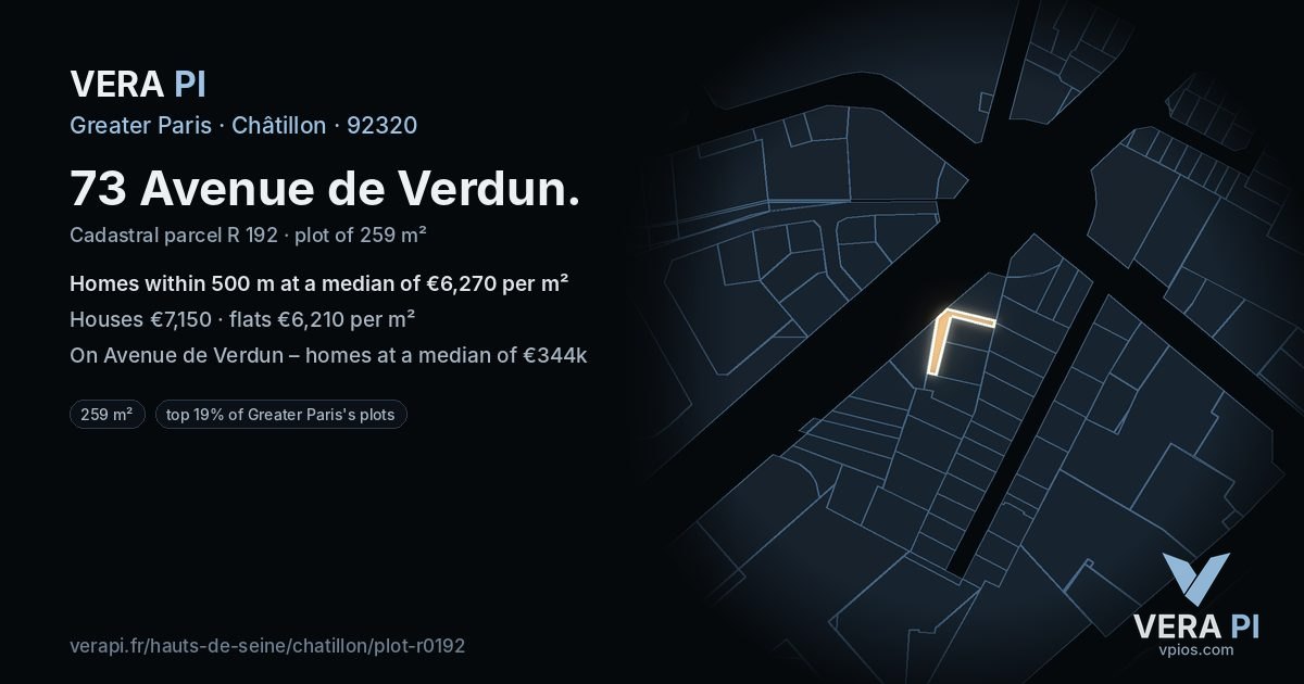 73 Avenue de Verdun, Châtillon at night – the plot lit, the parcels around coloured by the prices near them