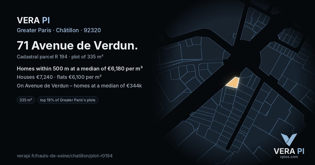 71 Avenue de Verdun, Châtillon at night – the plot lit, the parcels around coloured by the prices near them