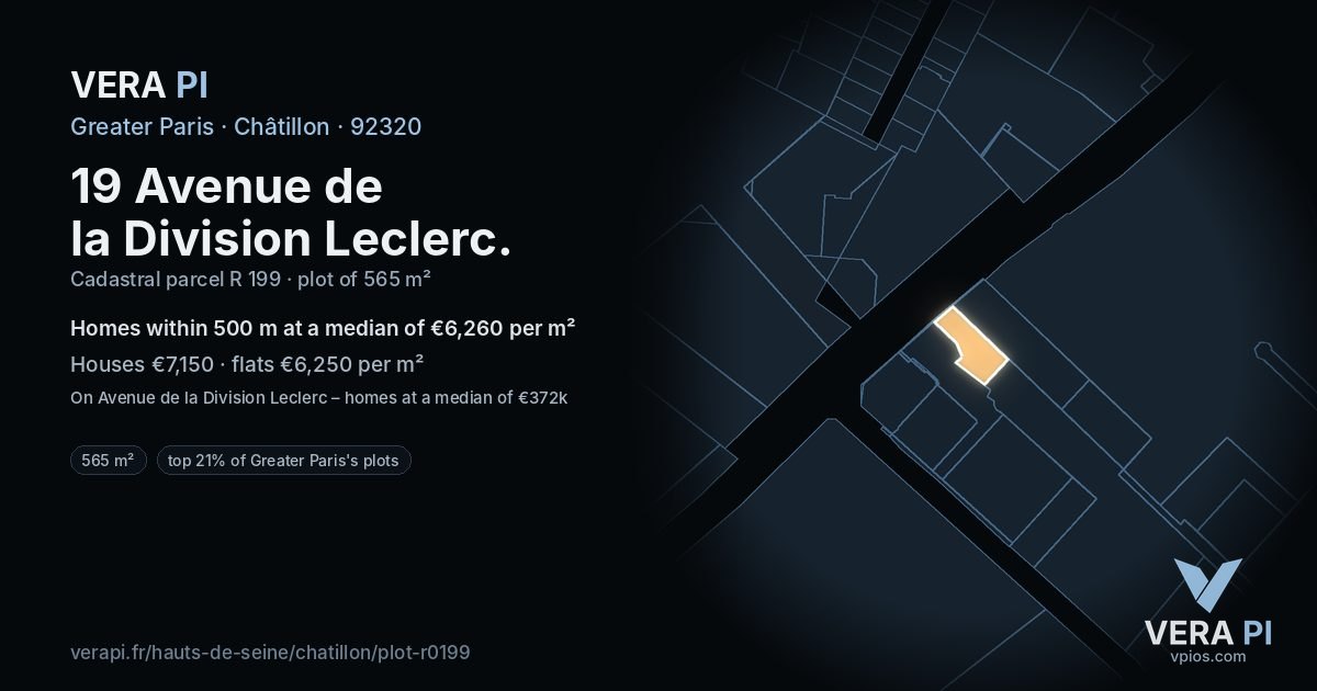 19 Avenue de la Division Leclerc, Châtillon at night – the plot lit, the parcels around coloured by the prices near them
