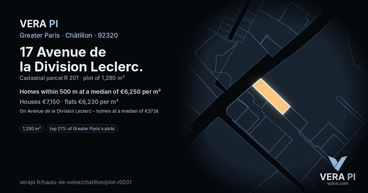 17 Avenue de la Division Leclerc, Châtillon at night – the plot lit, the parcels around coloured by the prices near them