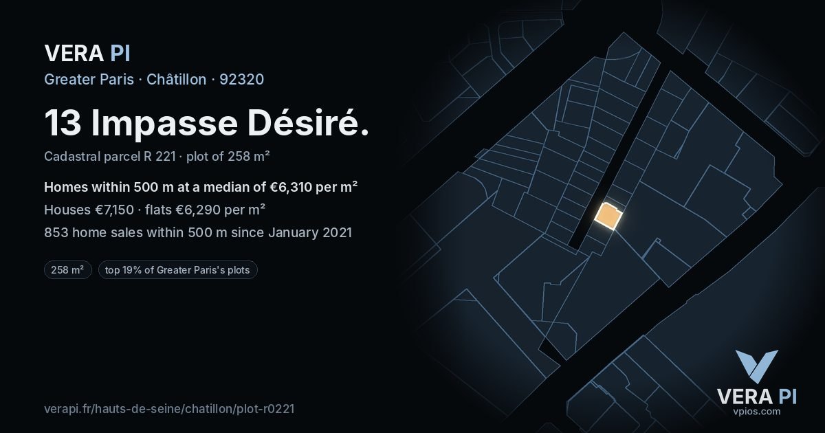 13 Impasse Désiré, Châtillon at night – the plot lit, the parcels around coloured by the prices near them